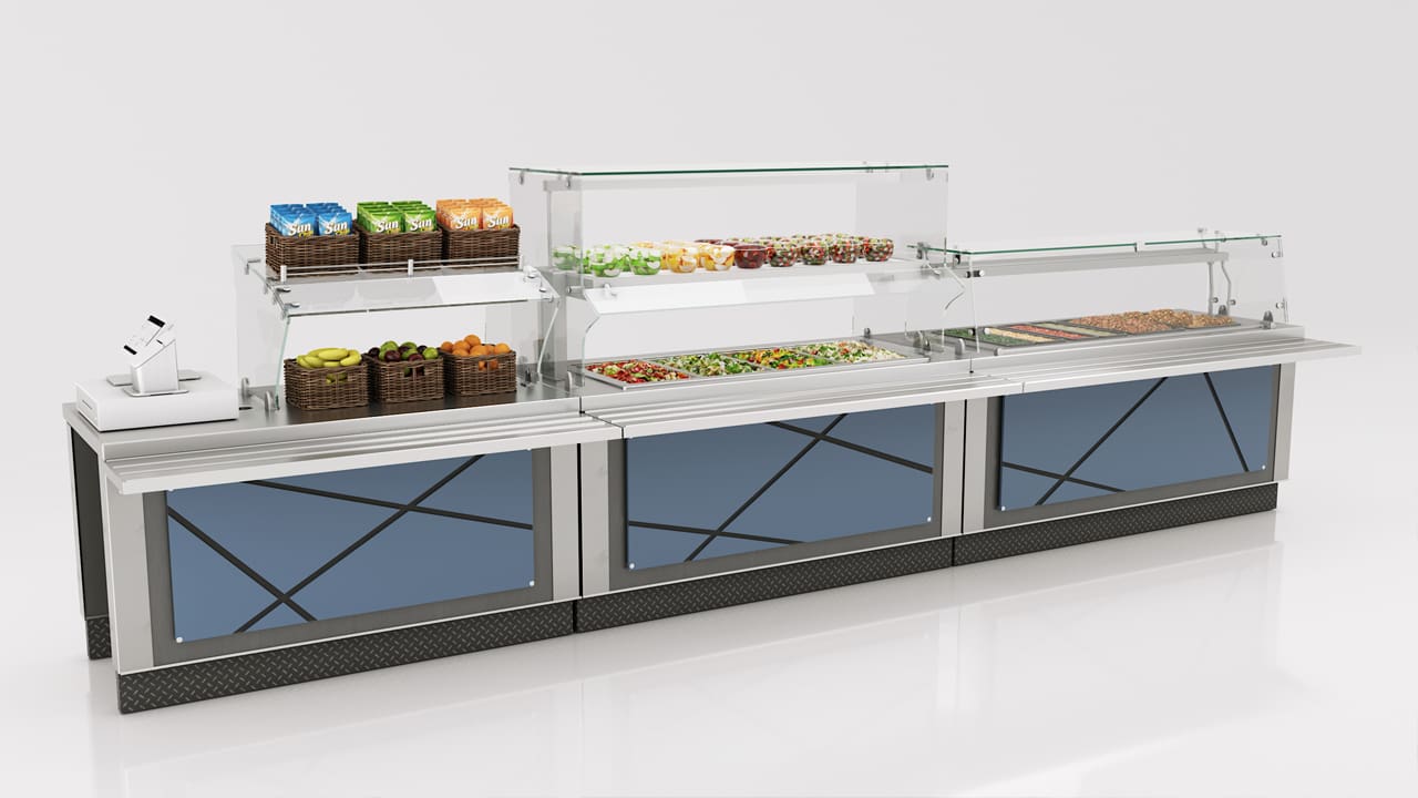 SpecLine cold and hot food serving counter with fruit and salad