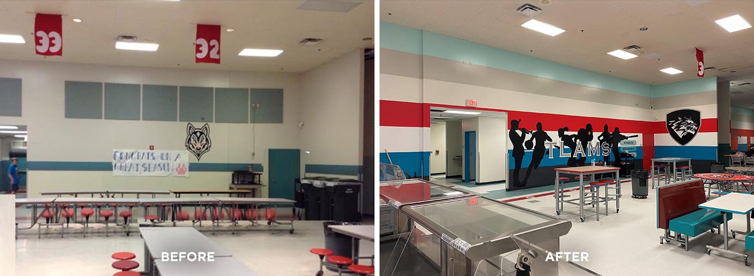 before and after photos of the twin lakes middle school cafeteria, detail