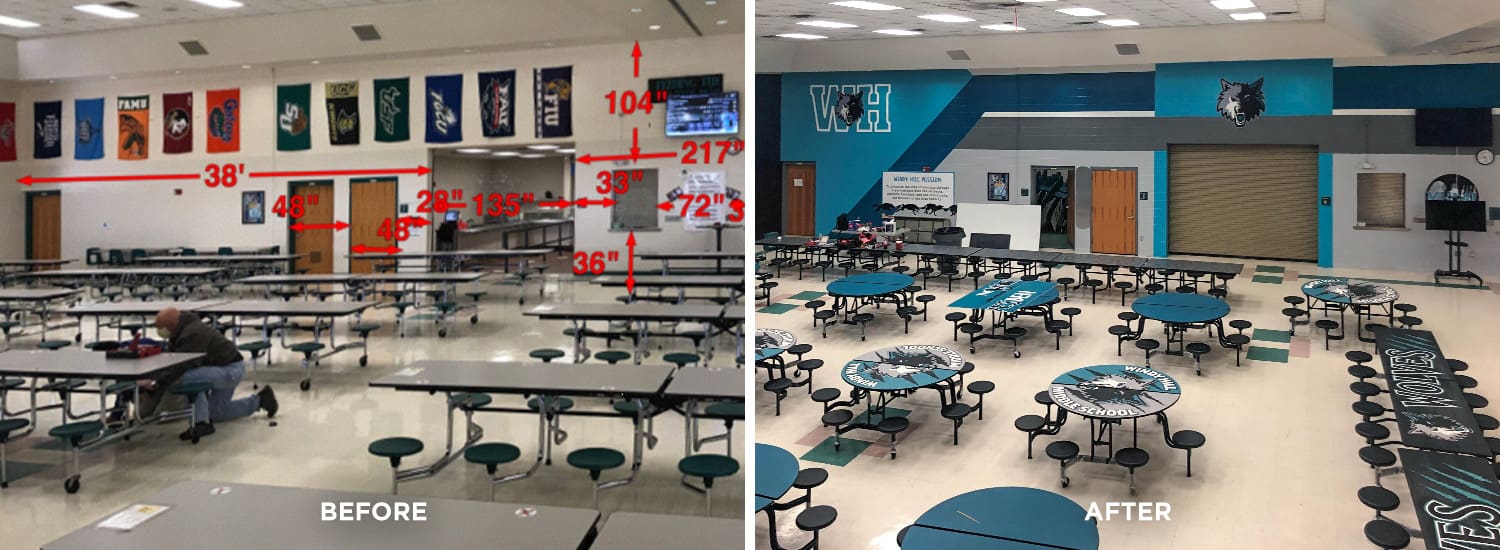before and after photos of the windy hill middle school dining hall and servery entrance