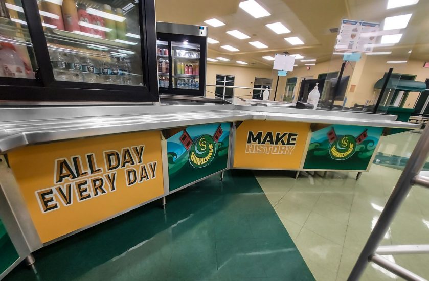 Monroe County charter school cafeteria serving counter graphics
