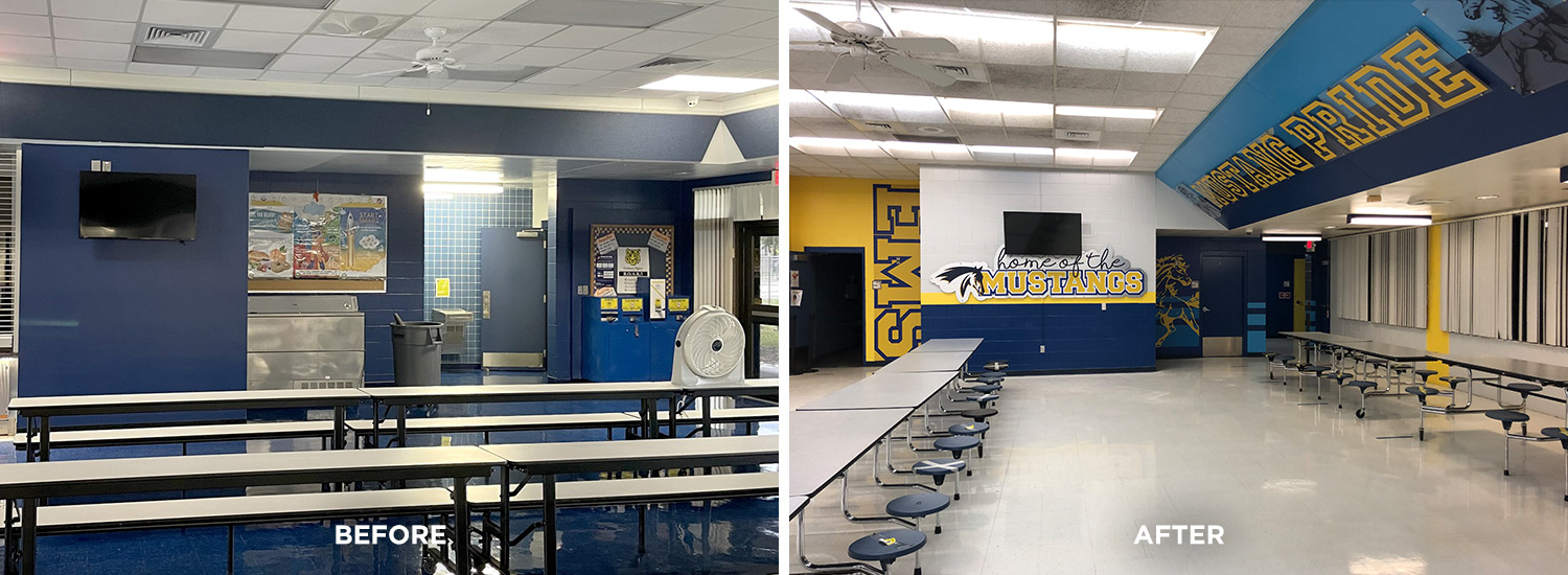 Before and after images of Eustis Middle School cafeteria