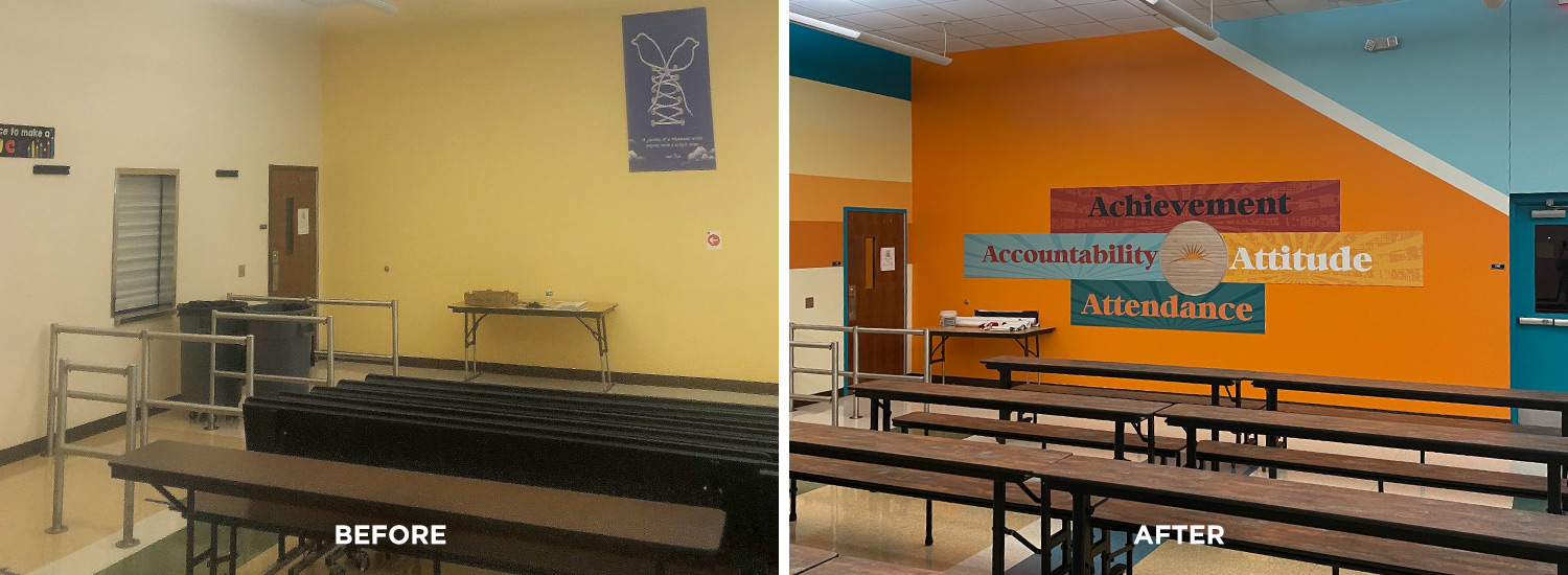 Before and after images of New Beginnings School cafeteria