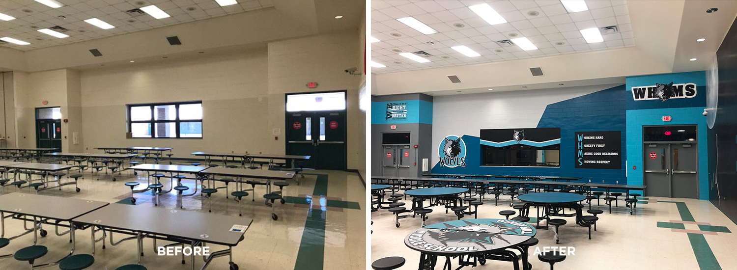Before and after images of Windy Hill Middle School cafeteria