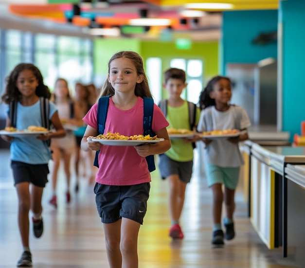 Students carrying food trays